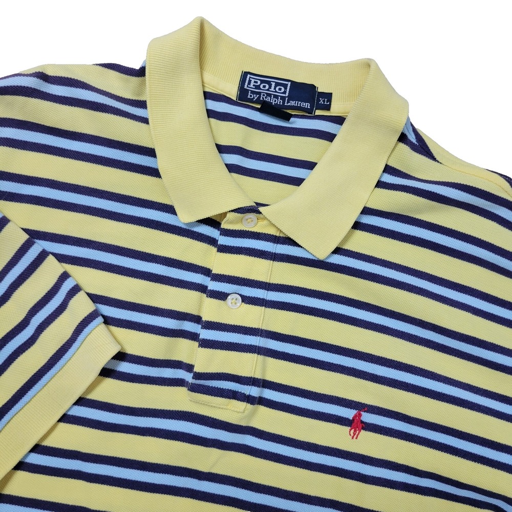 Vintage Polo Ralph Lauren Mens XL Yellow Blue Striped Pony Stretch Knit‎ SS